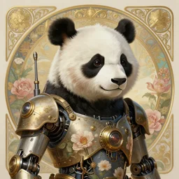 portrait of a panda, robot steampunk, floral! horizon zero dawn machine, intricate, elegant, highly detailed, ray tracing, digital painting, artstation, concept art, smooth, sharp focus, illustration, art by artgerm and greg rutkowski and alphonse mucha, 8 k