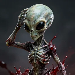 alien, big head, skull looking, dramatic pose, blood splatters, 8 k, hyperrealistic, octane render, dramatic