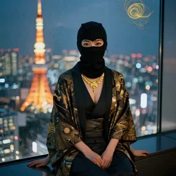 japanese female black balaclava mask with golden necklace and open kimono, photo portrait, beautiful female model, tokyosky, female sitting on skyscreapper, rain, city neon light, bokeh, long exposure, kodak promax 4 0 0, sony lens, golden fractals and dmt
