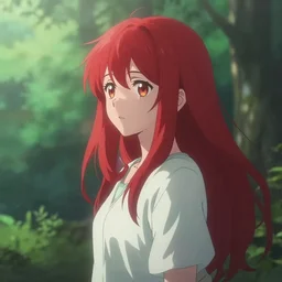infp anime girl with red hair, amid nature, hyper detailed digital art, dreamy, very atmospheric