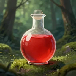 Potion of healing, red liquid, forrest background, digital artwork, wlop