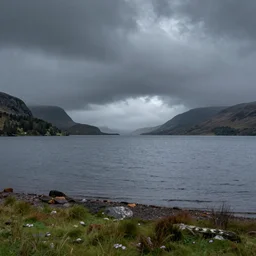 a photograph of a scottish loch on a stormy day, high quality, highly detailed, award winning landscape photography, dramatic lighting, stormy skies, ominous clouds, fujifilm, foreground interest
