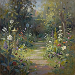 a gorgeous, fantastic, magic garden landscape by michael kidd, trending on artstation, oil on canvas, muted colors