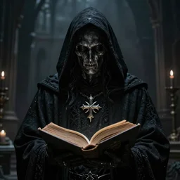 black magic sorcerer with a book of spells, dramatic, death, cinematic, ultra realistic, 8 k, highly detailed, trending on artstation