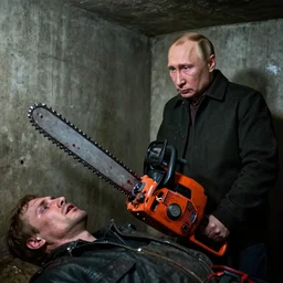 putin with a chainsaw and a corpse. in a concrete bunker. focus on putins face with blood splatters. canon eos r 3, f / 1. 4, iso 1 6 0 0, 1 / 8 0 s, 8 k, raw, grainy