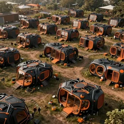 campsite field filled with generative design innovative survival pod buildings, biomechanical design, black and orange colour palette, generative design structure, archviz