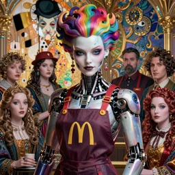 a masterpiece hyper detailed portrait of a beautiful evil girl - cyborg - macdonalds worker baroque renaissance. rainbow color scheme. medium shot, intricate, elegant, highly detailed, by stanley artgerm lau, wlop, rossdraws, james jean, andrei riabovitchev, marc simonetti, background by james jean and gustav klimt, light by julie bell, porcelain skin.