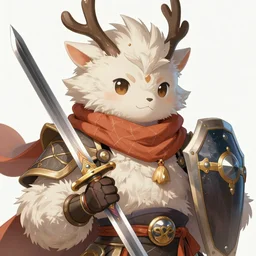 whimsical fluffy guardian warrior of hiyabusa square, scarf, sword and shield, close up, details, sharp focus, elegant, highly detailed, illustration, by jordan grimmer greg rutkowski wlop maya takamura, intricate, trending artstation, pixiv, digital art