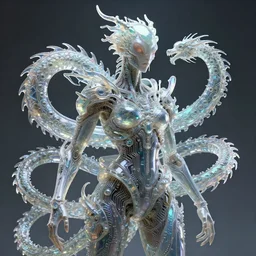 symbiogenesis alien hybrid humanoid androgyne biomorphic, recursive dragon - like features, concept art, sculpted iridescent glass, translucidluminescence, intricate detail, kim jung gi, james jean, circuitry, organic detail, cinematic, epic wide shot, ultra detailed, sharp focus, smooth, global illumination, photorealistic, 8 k render