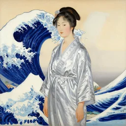 painting of lady in silver robe with mountains in the corners, canvas, acrylic paint, by roy liechtestein, by katsushika hokusai, isometric, pop art, 4 k, ultra - hd
