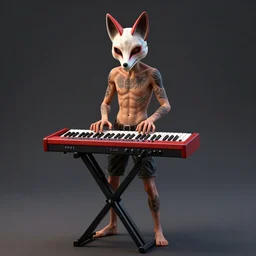 highly detailed render of a man wearing a skull fox mask playing a red sintethizer, full body with tattoos, two arms two legs, vray render, unreal engine, highly detailed faces, thin body,