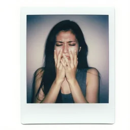 portrait of woman. photo, agonizing pain. polaroid type 6 0 0. horror.