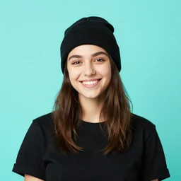 portrait, girl wearing a beanie and black t - shirt, flat cyan background, smilin