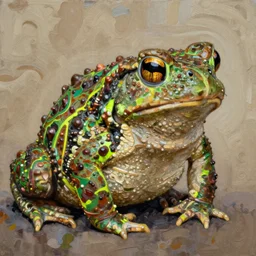toad deity, great swamp toad with many warts and neon banding digital oil paining, portrait | art nouveau. d & d. ornate intricate detail, complimentary earth colors. sharp edges. clear detailed. 8 k. elegance