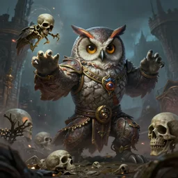 closeup 2 8 mm anthropomorphic necromancer owl summoning the dead in a castle, d & d, fantasy, intricate, action pose, particle effects, highly detailed, digital painting, artstation, concept art, matte, sharp focus, volumetric lighting, illustration, hearthstone, art by artgerm, wlop, greg rutkowski and alphonse mucha ， - h 7 0 4