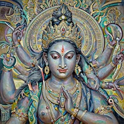 A cinematic closeup portrait of the colossal Hindu demon goddess, by Wayne Barlowe, by Sandro Botticelli, by Paul Lehr, by Bruce Pennington, oil on canvas, masterpiece, trending on artstation, featured on pixiv, cinematic composition, dramatic pose, beautiful lighting, sharp, details, details, hyper-detailed, no frames, cyan and green, 8K