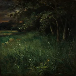 a dark oil painting of a beautiful meadow; masterpiece; extremely-detailed; by Carravaggio