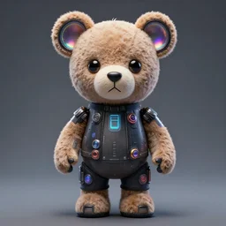 portrait of a plush teddy bear, with cool cyberpunk dressing and implants, by greg rutkowski, wlop, beeple, dan mumford. octane render, trending on artstation, greg rutkowski very coherent symmetrical artwork. cinematic, hyper realism, highly detailed, octane render, 8 k, iridescent accents, two ears