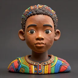 colourful cupper half - portrait - art of a nigerian boy in claymation style, art by utagawa kunisada & james jean, symmetrical, intricate detail, concept art, volumetric light, global illumination, ray tracing, claymation, sharp, pinterest, behance, art station,
