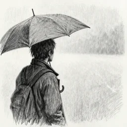 the drawn man looks out into the black endless distance in the rain. pencil sketch