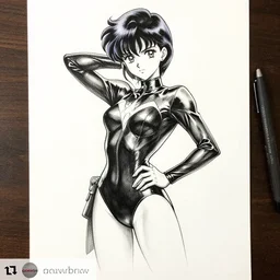 luxury advertisement, beautiful aesthetic inspirational masterful professional ink pen liner sketch of a 1 9 9 0 s anime manga japanese girl posing in latex leotard, marvel style, concept art, fine details, trending on artstation, high quality paper, instagram photo. art university academy work, gnomon, calarts