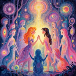 a psychedelic realm where astral beings share love _ greg rutkowski _ wlop _ lisa frank _ bob ross _ ruan jia _ illustration