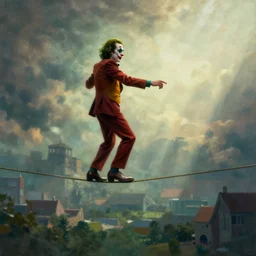 photo realistic, surreal painting of a joker walking a tightrope at high altitude
