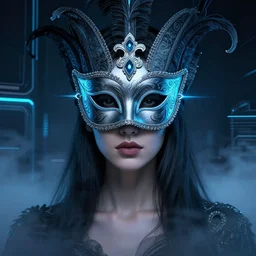 centered portrait of a beautiful masked woman wearing a venetian mask, intricate concept art, ethereal, highly detailed, artstation, smooth, sharp focus, mist, volumetric lighting, darksynth, illuminated blue neon lines, outrun, vaporware, octane render, 8 k, by ruan jia and ilya kuvshinov and liam wong and alphonse mucha