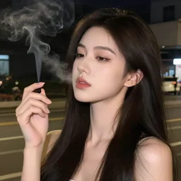 a woman smoking, beautiful face, street at night, long hair ， full color, beautifully drawn coherent professional, drawn by guweiz