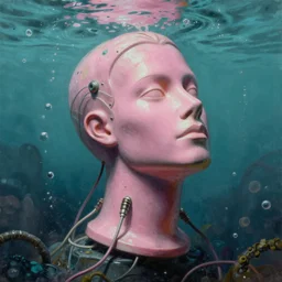 Tristan Eaton & Greg Rutkowski, award winning masterpiece with incredible details, Zhang Kechun, a surreal vaporwave vaporwave vaporwave vaporwave vaporwave painting by Thomas Cole of an old pink mannequin head with cables and wires coming out of it's neck, sinking underwater, highly detailed