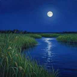 landscape, water body, shore in reeds and grass, water and night sky of the same color, stars in the sky, white moon, reeds and moon reflected in the water, moon track on the water, small fireflies, acrylic painting, dark palette, blue colors, marsh color reeds, ultradetailed water, ultradetailed grass, ultradetailed sky