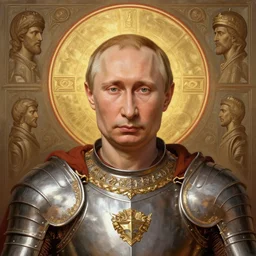 masterpiece head - on symmetrical centered painted portrait, vladimir putin as a holy warrior, blonde hair, holy light halo, glorious, wearing full metal armour, elegant, distant, in the style of ruan jia and artgerm and edgar maxence and ross tran and michael whelan and mucha, 8 k, octane render