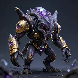 zergling skeksis from the dark crystal wearing golden talismans and amethyst crystals. dark undertones. diffuse volumetric lighting.