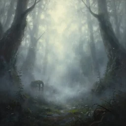 a view to an eerie fantasy world, ethereal back light, mist, coherent composition, detailed fantasy painting by artgerm, noriyoshi ohrai, yuumei