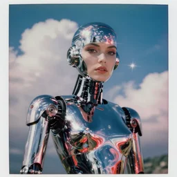 analog polaroid portrait of a chrome female robot looking at the camera, vintage science fiction, sheen, red reflections, unreal engine, azure sky, big clouds visible, sunlight, reflection, sparkles, lensflare, film grain, depth of field, color bleed