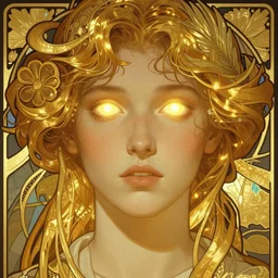 superhero, sci fi, glowing eyes, volumetric lights, gold theme, art nouveau botanicals, intricate, highly detailed, digital painting, artstation, concept art, smooth, sharp focus, cinematic, illustration, beautiful face, art by artgerm and greg rutkowski and alphonse mucha