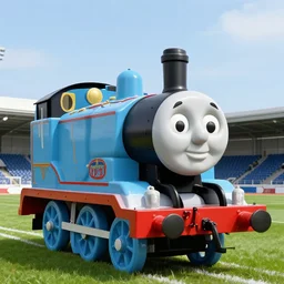 purdue pete in the style of thomas the tank engine, on a football field, large, realistic