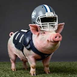 landscape studio photograph of a pig wearing american football should pads and american football helmet depicted as a muppet