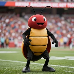 sports team mascot, bug roach mascot costume, cocroach, the cocroaches, football mascot, anthropomorphic cocroach HD official photo, high quality costume