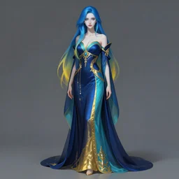 Sona is a slender, pale-skinned woman with long blue hair and yellow at the ends. Her robes is a long, elegant gown with a distinctive palette of blue, dark blue, turquoise and gold. portrait digital art by Dave Greco Artgerm, Ross Tran
