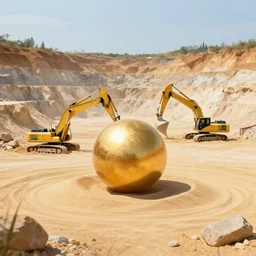 in the center of a large sand quarry in the sand lies a large golden ball, a broken excavator is standing nearby, an anomalous air funnel is nearby, book illustration stylization, high quality, depth of sharpness, focus on the object