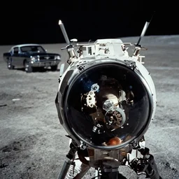 moon landing, apollo 1 1, ford mustang in background, grainy footage, close up
