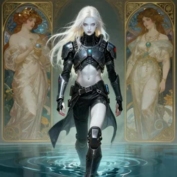 beautiful soldier young teenage male boy wearing cyberpunk clothes, walking on water, platinum blonde long hair, white shiny skin, demonic eyes, low fantasy, extremely detailed, sharp focus, smooth, digital illustration, art by artgerm and greg rutkowski and alphonse mucha and ruan jia