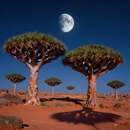 moonfall in socotra island with dragon trees, starry night, sharp focus, wide shot, trending on artstation, masterpiece, by greg rutkowski, by ross tran, by fenghua zhong, octane, soft render, ultrarealistic, colorful, cinematic, shadow of the tomb rider