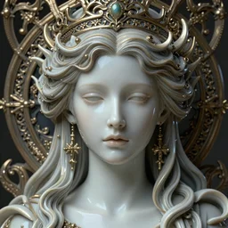 face portrait, detailed realistic octane render, artwork by james jean, chiara bautista, smooth polished matte porcelain, hauntingly beautiful queen of despair, jean delville, art nouveau, james jean, ornate metal gothic icon heavy patina, delicate, enchanting, otherworldly, whimsical, ethereal, mythology, magical