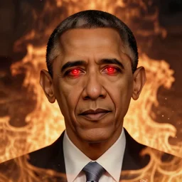 Obama eyes are red flashlight glowing eyes, hell flames are burning behind Obama, 40nm lens, 4k,