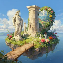 island little wood bridge painting of Atlantis zeus statue and hill valley grec greeble temple of olympus glory tower  ivy plant grow flower multicolor rose, in marble incrusted of legends heartstone official fanart behance hd by Jesper Ejsing, by RHADS, Makoto Shinkai and Lois van baarle, ilya kuvshinov, rossdraws global illumination