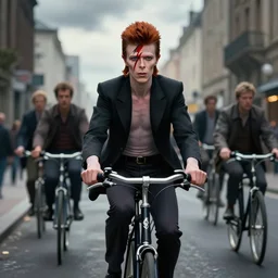 cinematic shot epic portrait david bowie riding a bicycle in the streets, atmospheric, cloudy, broad light, ambient occlusion, volumetric light effect, made by ivan aivazovsky, peter mohrbacher, greg rutkowski, ross tran, matte painting, trending on artstation, 4 k, perfectly defined features, digital painting, cinematic, epic, highly detailed,