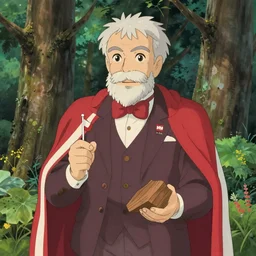 older man in a fancy suit with a hungarian flag in a forest, holding a wood piece, in the style of hayao miyazaki, studio ghibli