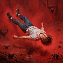 A detailed painting featuring Finn Wolfhard (Mike Wheeler) from Stranger Things turned on his back floating around being surrounded by red dust from the series, spiders crawling out of the ground, rain, fear, Andrew Ferez traits, cg society, fantasy art, biomorphic, mystical, whimsical, 8k
